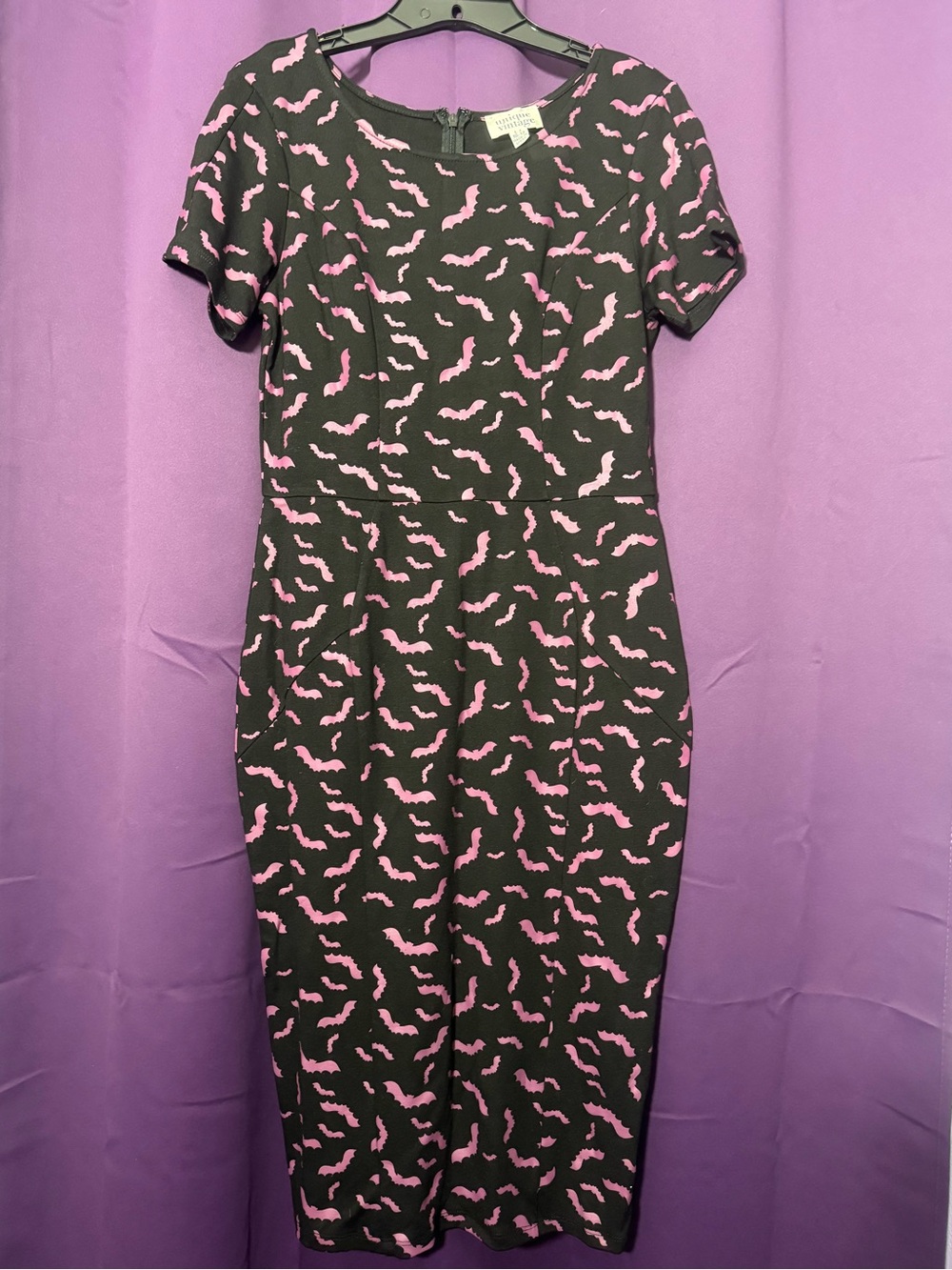 Unique Vintage Black & Purple Bat Print Sheath Dress